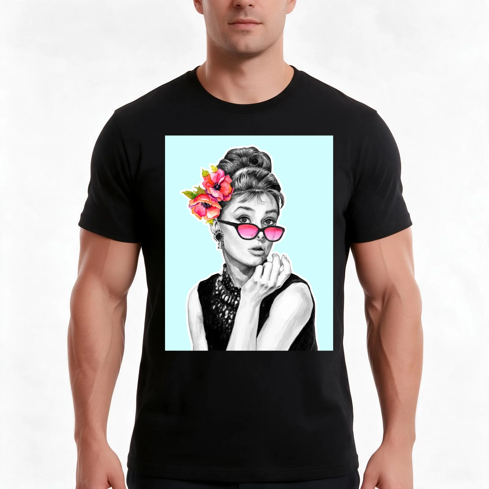 Audrey Hepburn With Flowers - 9 T-Shirt, Summer Casual Cotton Tee, Oversized Streetwear Tops, Vintage Graphic Print, 100% Cotton