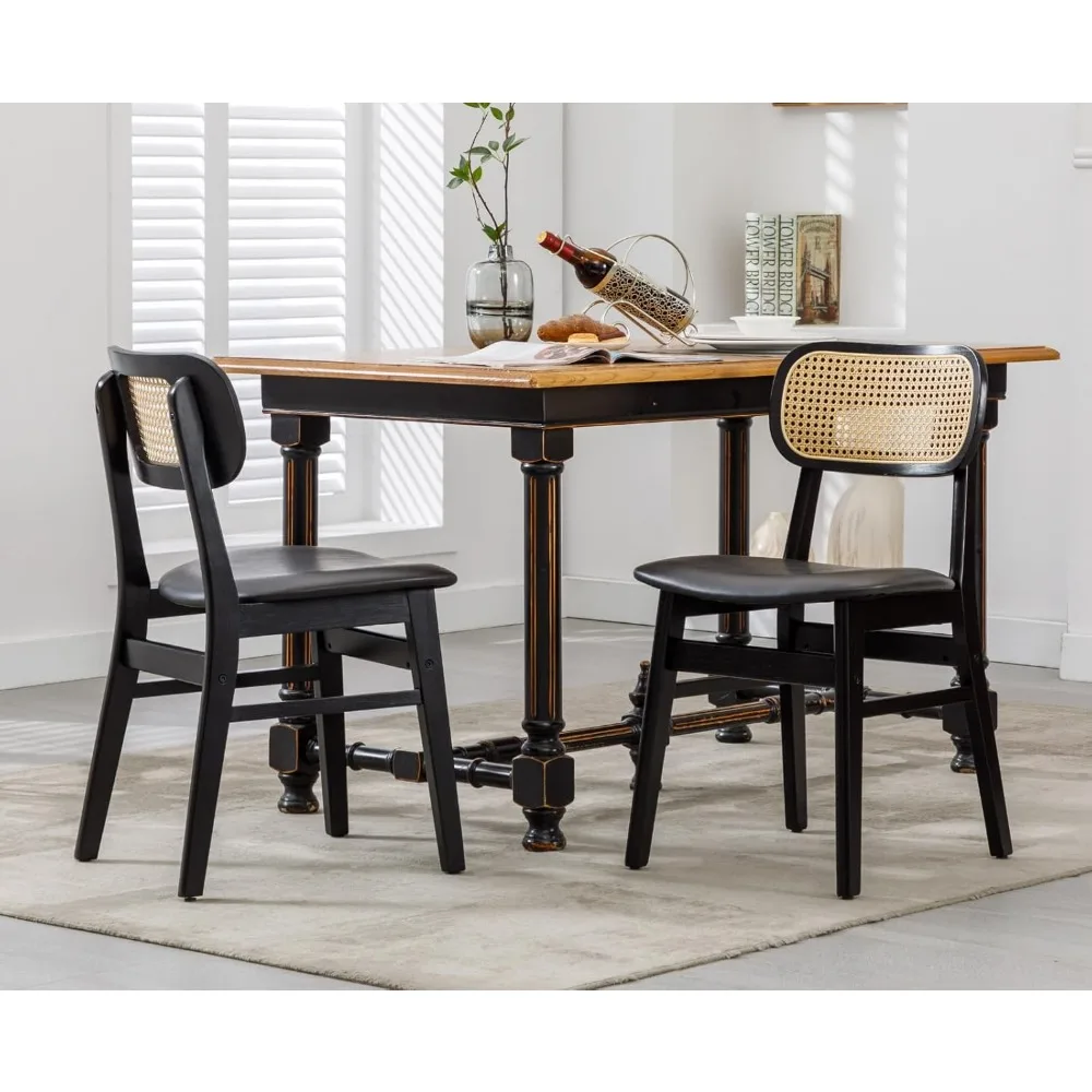 Mid Century Modern Rattan Chairs Set, 2 Curved Back Farmhouse Dining Chairs with Leather Seats for Kitchen