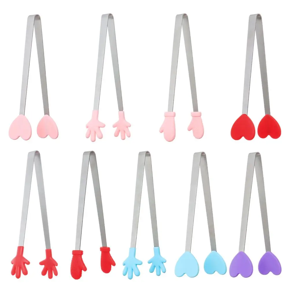 Mini Silicone Food Tongs Kitchen Clip Stainless Steel Snack Non-slip Handles BBQ Bread Ice Cube Clip Accessories