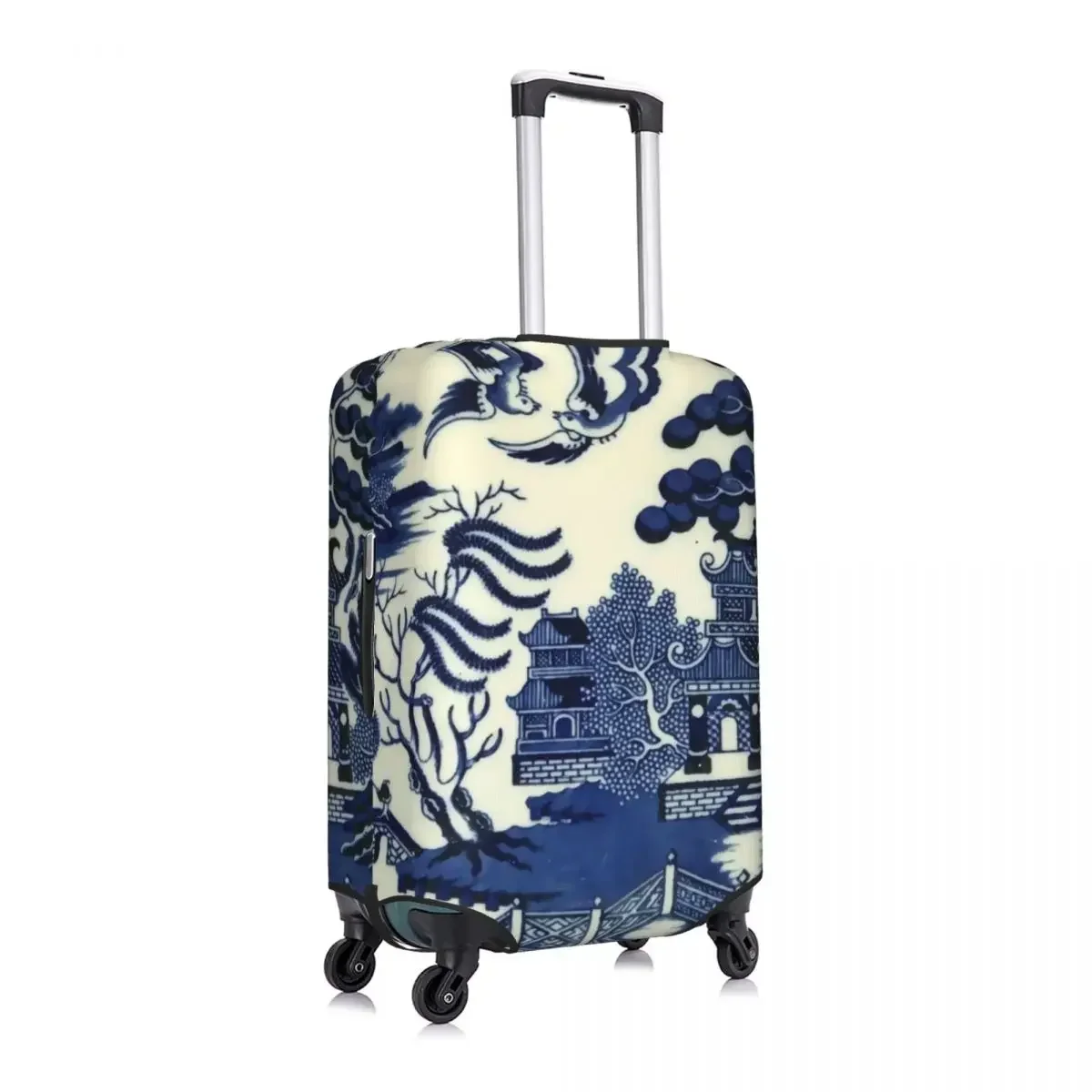 Antique Willow Ware Oriental Toile Travel Luggage Cover Blue Delft Chinoiserie Pagoda Suitcase  Protector Fit 18-32 Inch