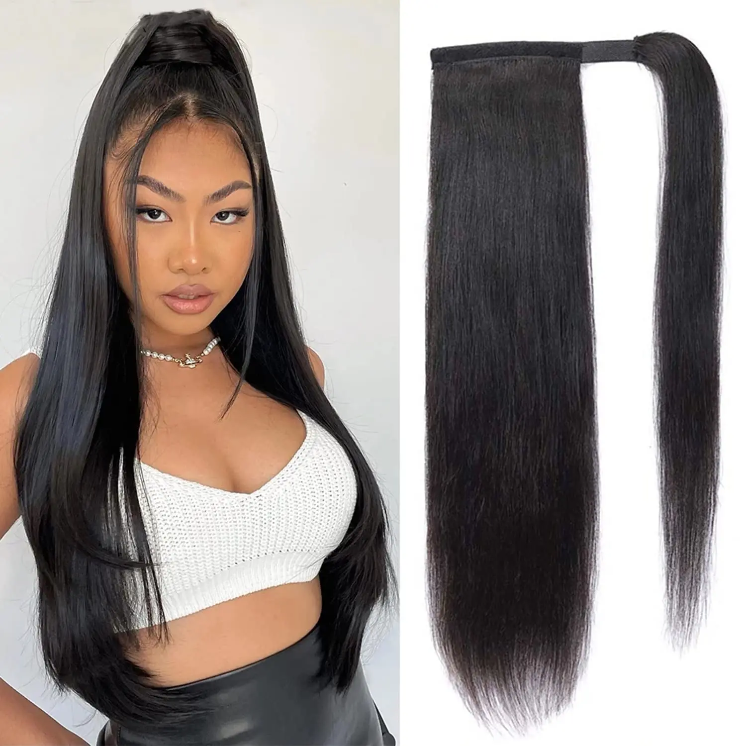 مستقيم التفاف حول ذيل حصان كليب في الشعر التمديد اللون الطبيعي ذيل حصان البرازيلي الشعر البشري ذيل حصان هيربيسي للنساء #1