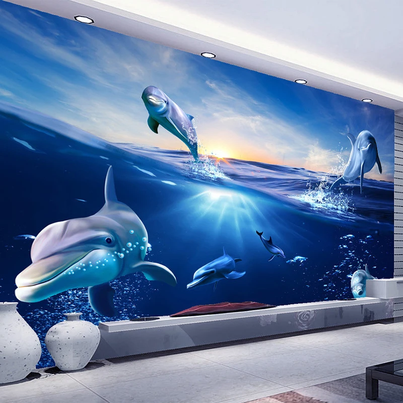 Customized Cartoon Mural Wallpaper Sunrise Dolphin Out Water Kids Bedroom Living room sofa TV background wall restaurant sea 8d