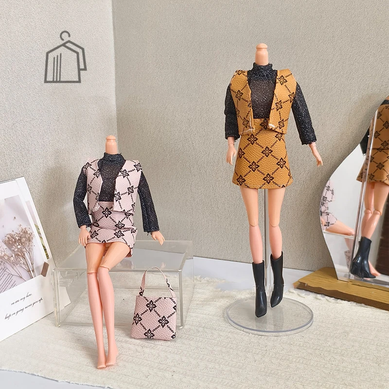 Unique Design 30cm Doll Clothes Set High-grade Vintage Flowers Winter Fashion Models Top Jacket Short Skirt Bag For 1/6 BJD Doll