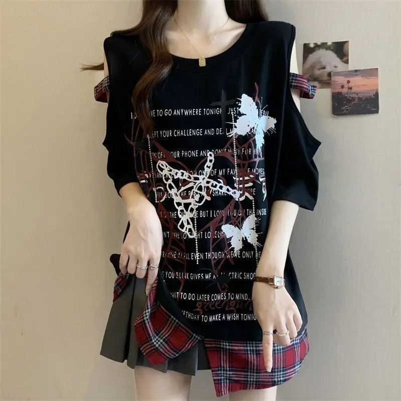 

Plus-size women's spring and summer new versatile loose body-shaping slimming butterfly printed lace short-sleeve T-shirt