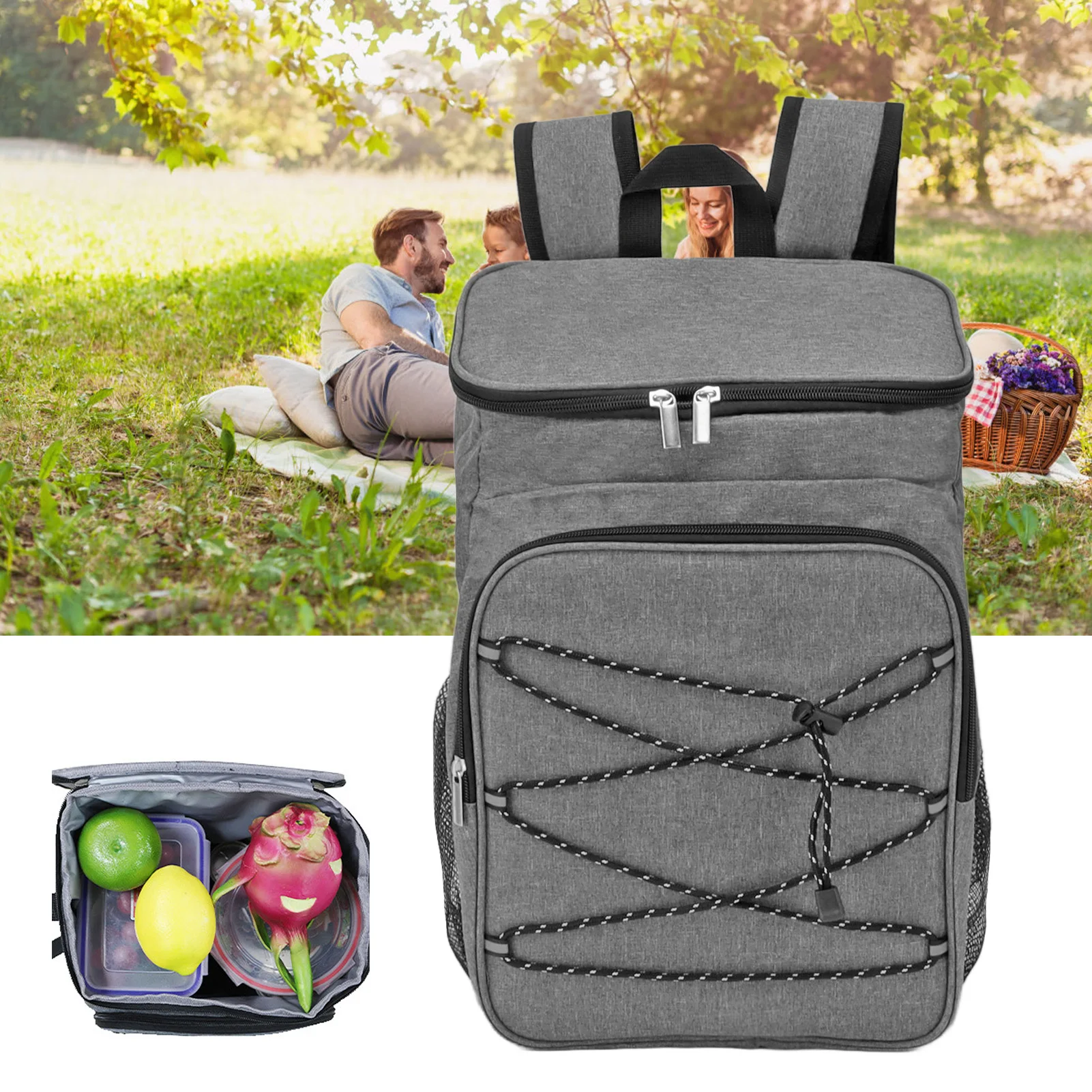 ZK20 Camping Insulated Cooler Backpack Thermal Cooler Bag with Cup Holders for Fruits Drinks Lunch Boxes Mobile Phones Wallets