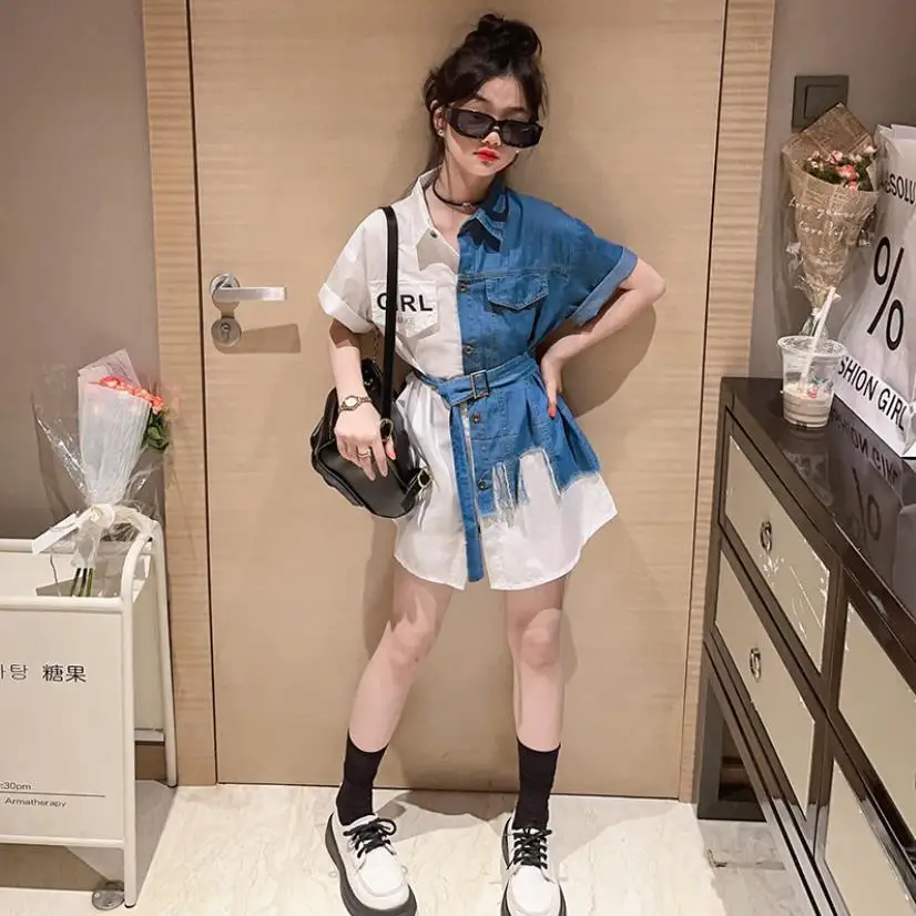 

Girl Denim Patchwork Dress Summer New Letter Print Shirts Dress Children Fashion Csual Style Dress Girl Dress Teenage Wz1194