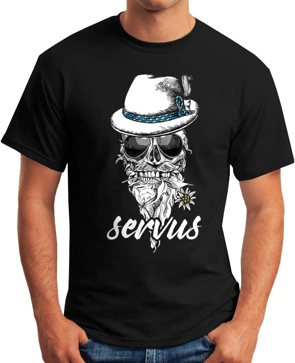 Men's T-Shirt Skull Felt Hat Bavaria Flower Servus Fun TShirt Summer Women's Cotton Short-sleeved Punk Graphic Print T Shirt