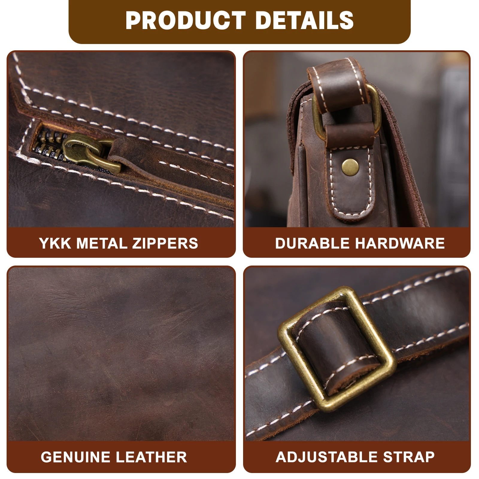 S.WORKER Vintage Echtleder Herren-Umhängetasche, Lässige Crossbody-Tasche, Crazy Horse Leder Schultertasche, Handgefertigt – Detail 13