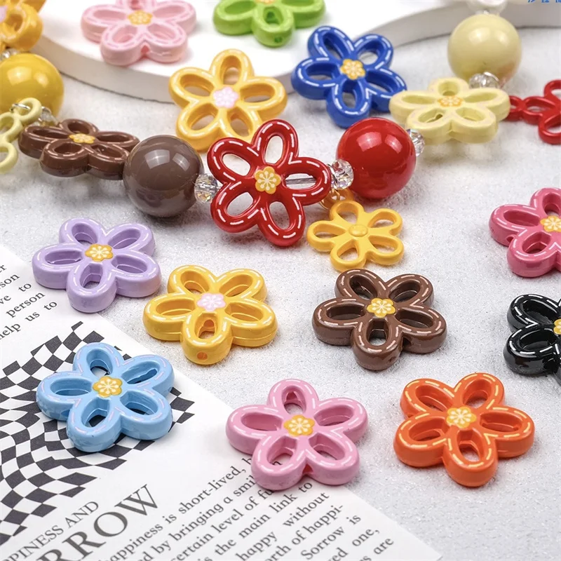 الجملة 50 قطعة/الوحدة نمط اللون طباعة الكرتون الزهور شكل الاكريليك ثقب مستقيم الخرز diy مجوهرات الملابس الشعر التبعي #3