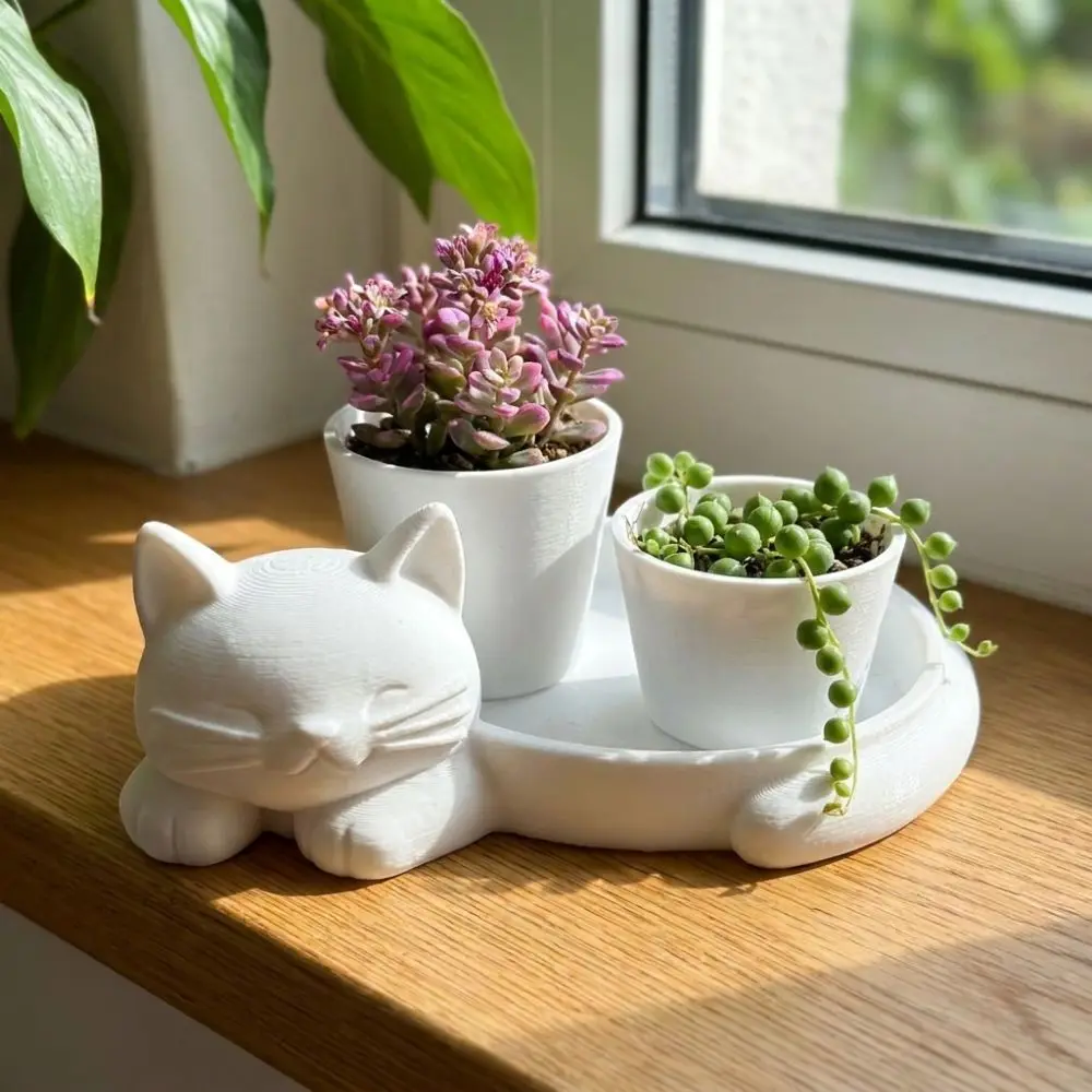 3D Printed Cat-Shaped Flower Pot Cute Animal Lazy Cat Kitten Desktop Planter Novelty Plastic Succulent Vase Gardening Gift