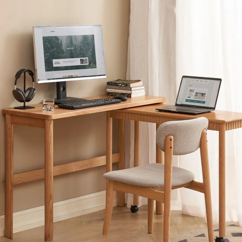 Two Layers Multifunctional Desk with Wheels Solid Oak Wood Natural Color Desk