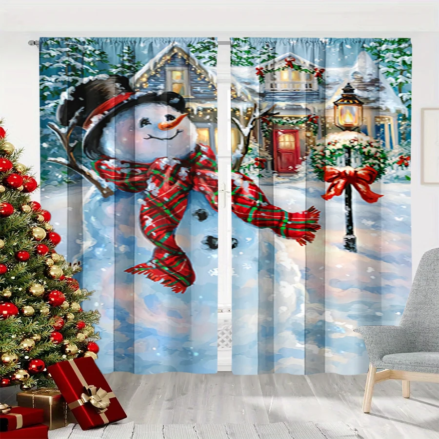 2PCS Christmas Winter Curtains, Watercolor Snowman Hat Scarf Cottage Lamp Wreath, Digital Print, Bedroom Living Room, Home Decor