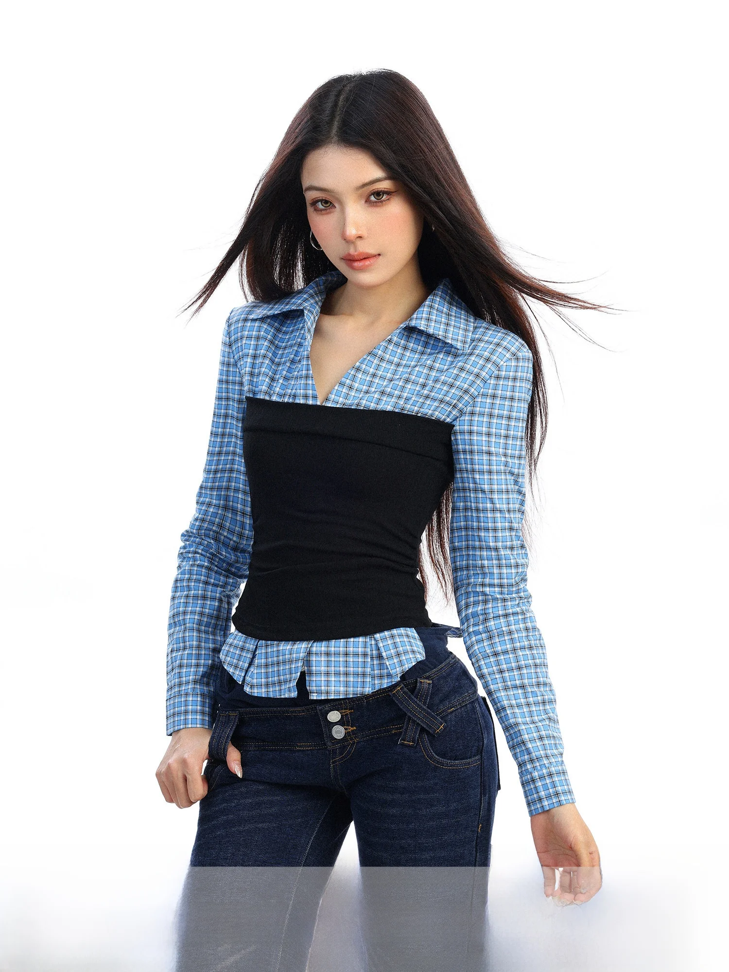 

Biggold Design Cheered Waist-Cinching Color Blo irt Women's Spring Elely Slim Fit Top Vintage Sle Long Sve