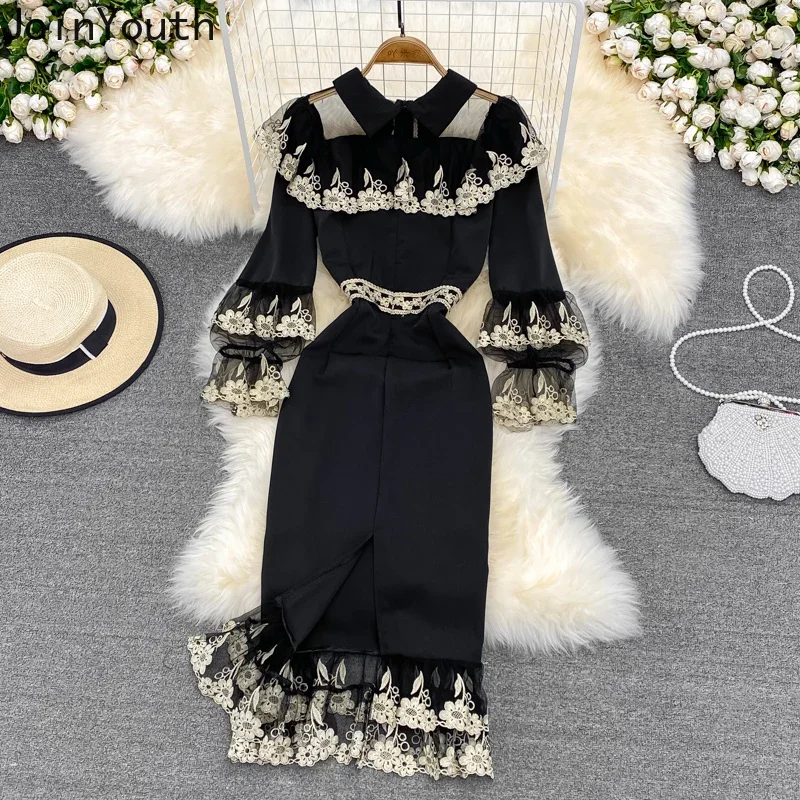 Temperament szata Femme sukienki koreańskie dla kobiet Patchwork z haftem wąska talia Vestido Femme Bodycon falbany sukienka Vintage