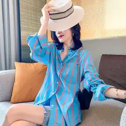 2023 Spring Autumn Female Striped Printed Turn-down Collar Shirt Fashion Casual Long Sleeve Single-breasted Loose Korean Blouse