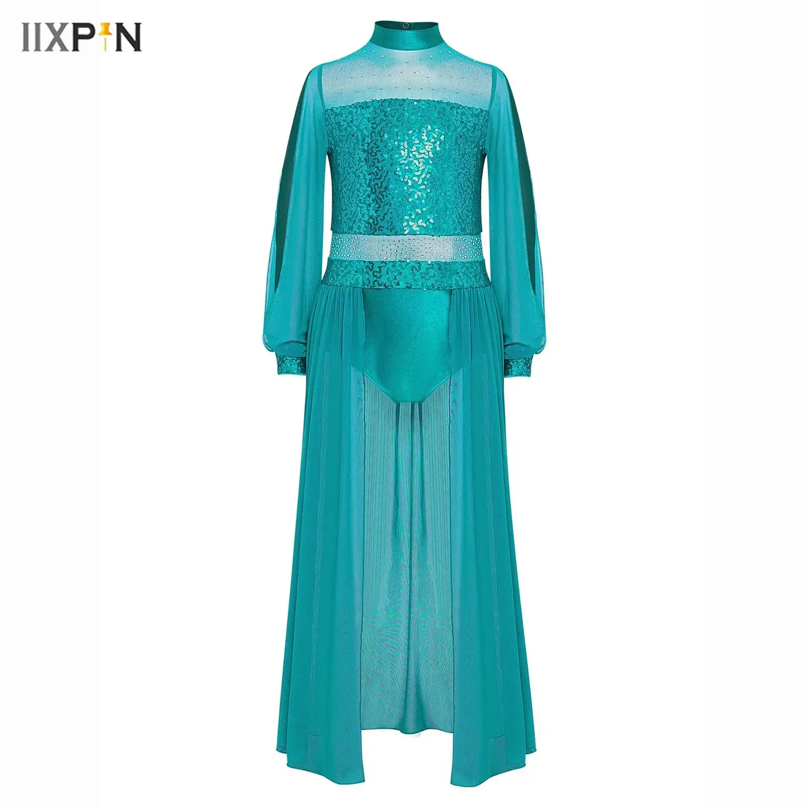

Kids Girls Lyrical Dance Leotard Dress Mock Neck Long Sleeves Sheer Mesh Shiny Sequins Split Dress Contemporary Modern Dancewear
