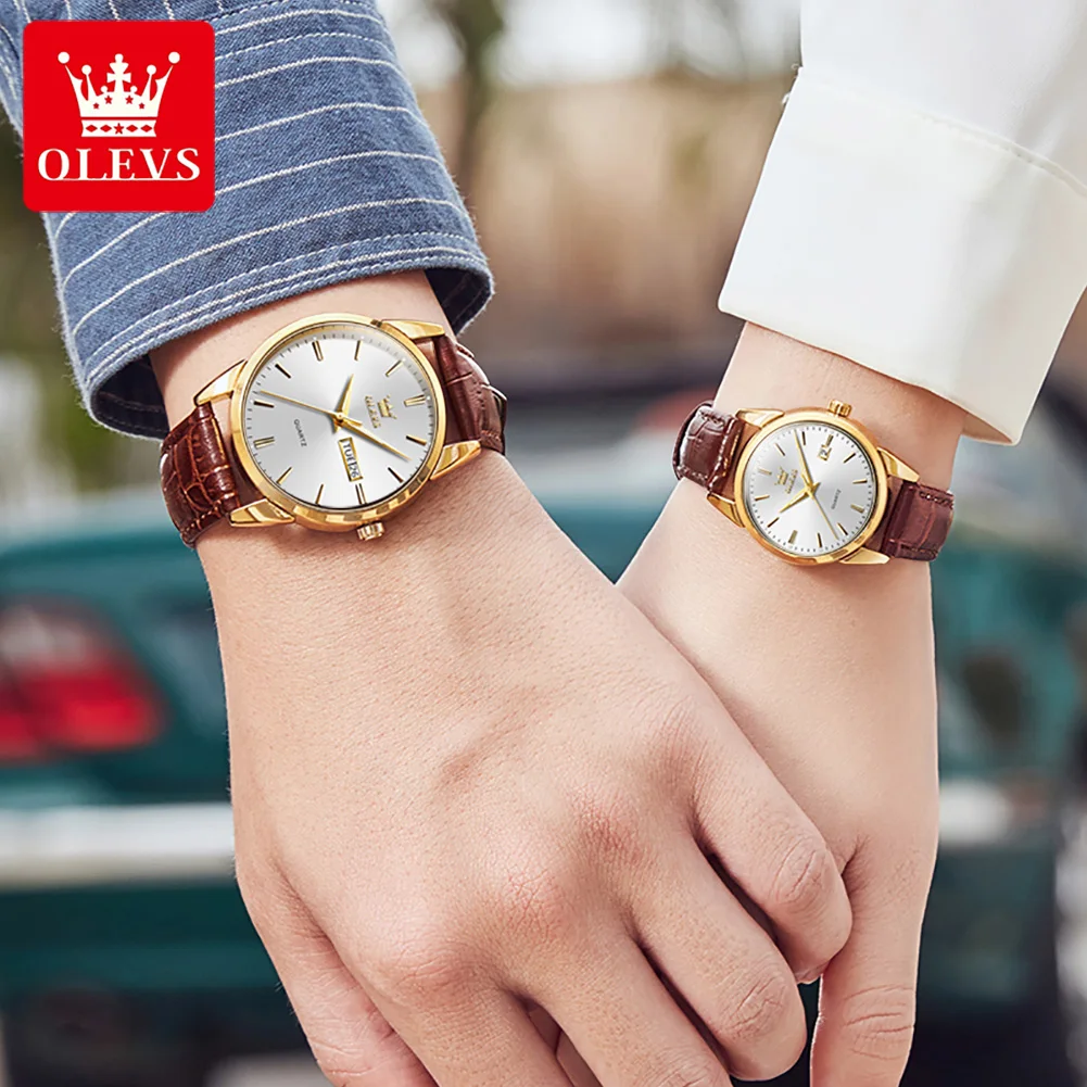 OLEVS 6898 Leather Strap Quartz Couple Watch Simplicity Fashion Waterproof Watches for Men Women Luxury Gifts for His or Hers