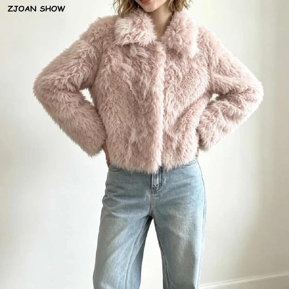 Winter Women Pink Lapel Collar Curly Hairy Shaggy Soft Faux Fur Coat Long Sleeve Furry Warm Jacket Short Outerwear