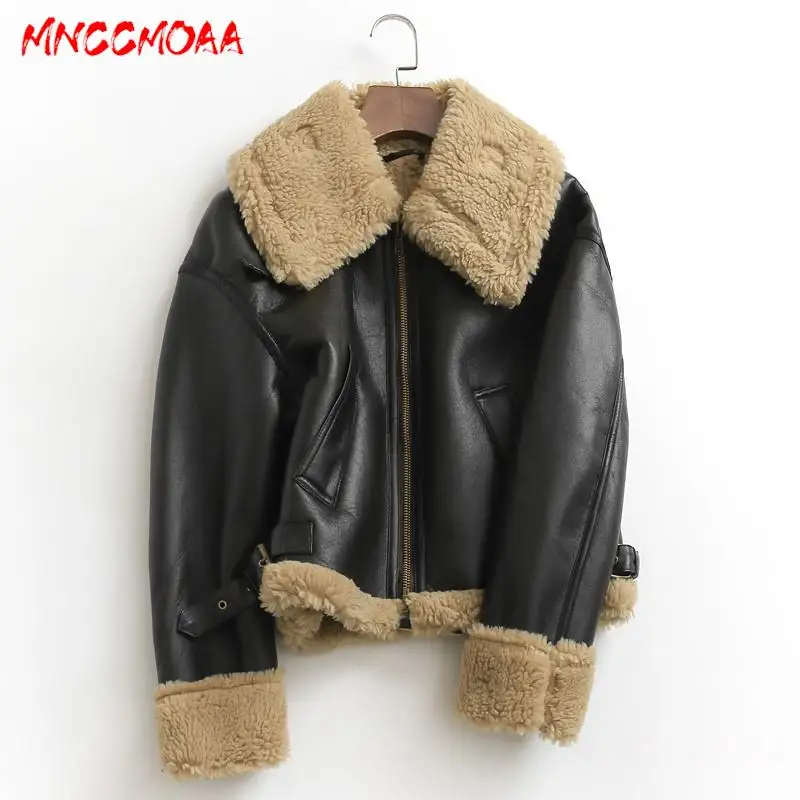 MNCCMOAA-Women's Thick Faux Leather Jackets, Female Coats, Loose Warm Tops, Outwear, High Quality, Fashion, Winter, 2024