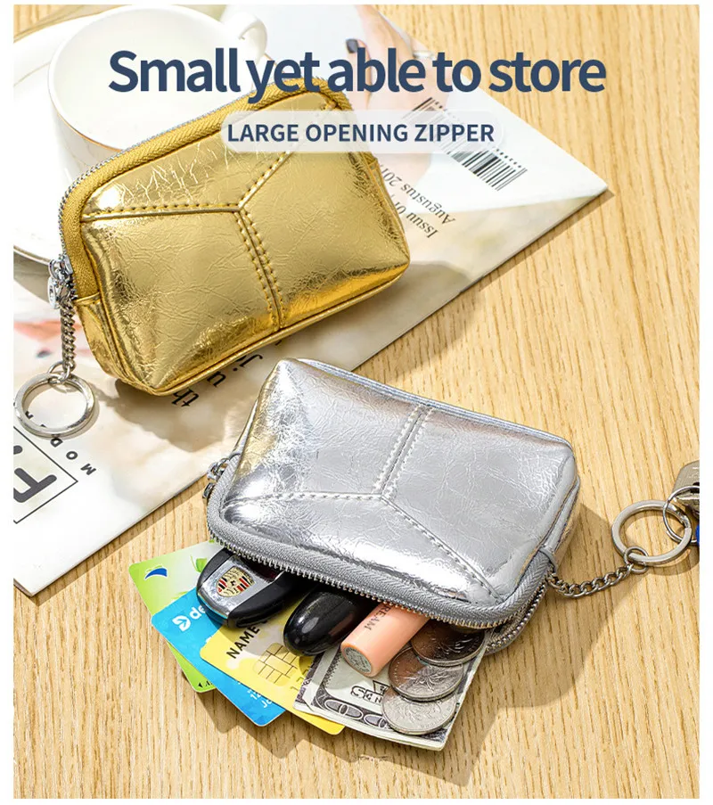 Trendy Metallic Finish Keychain Coin Pouch Compact Change Organizer Zip Mini Wallet for Cash Waterproof Coin Purses Soft Wallet