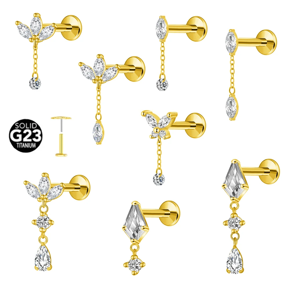 ASTM F136 G23 Titanium Horse Eye Zircon Crown Tassel Puncture Flat Earring Cartilage Chain Push in Labret Stud Piercing