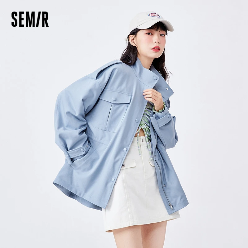 Semir Trench Coat Women Mid-Length Solid Tooling Style 2022 Spring New Oversize Stand Collar Waist Trench Coats Fashion