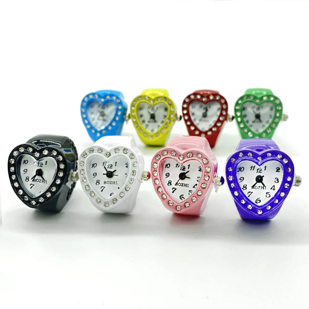 New Fashion Heart-shaped Watch Ring for Women Colorful Dial Inlay Zircon Stainless Steel Case Quartz Movement Mini Clock Jewelry