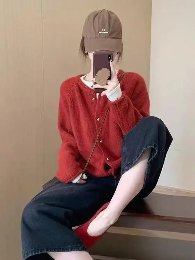 كارديجان نسائي محبوك بسيط بألوان نقية على الطراز الكوري، سترة ناعمة للخريف والشتاء، مقاس صغير بأسلوب كسول وحلو وفضفاض #3