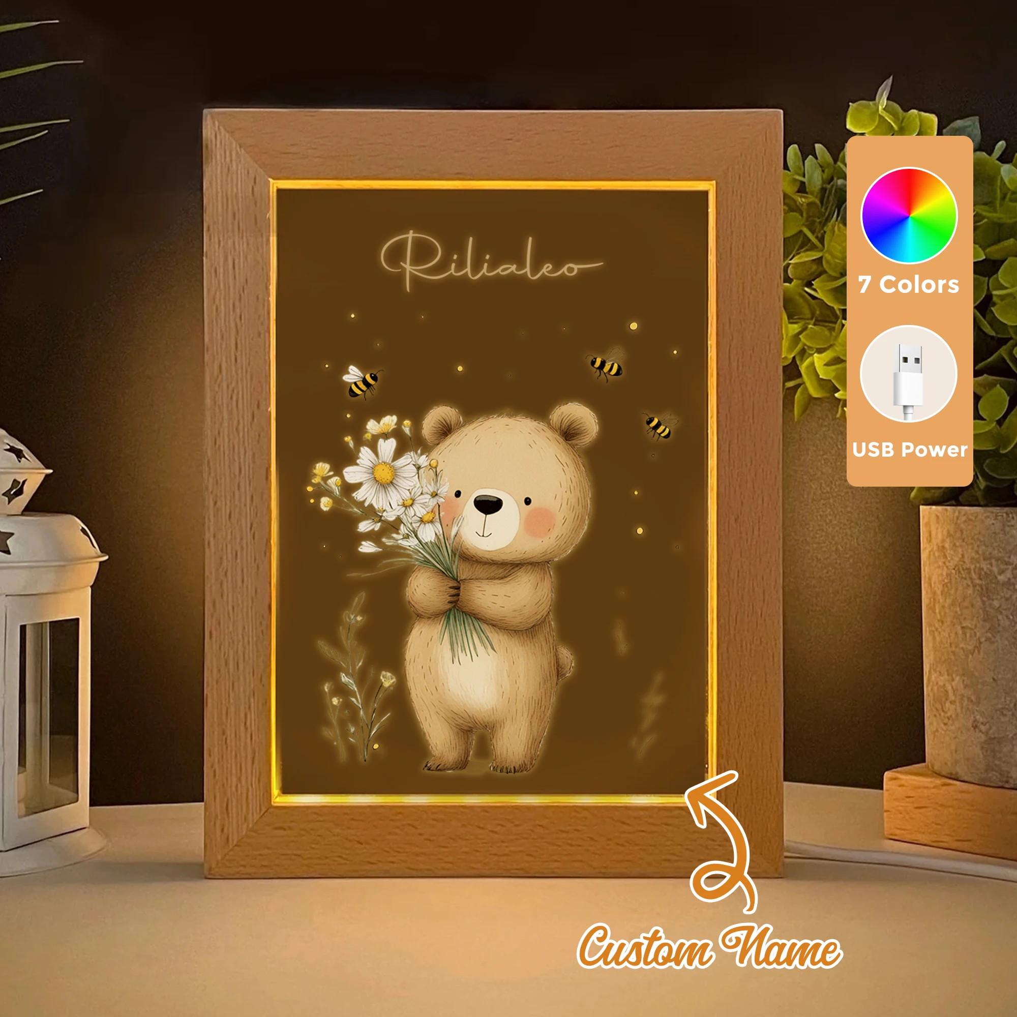 

2D Flat Custom Name Bees And Flowers LED Acrylic Night Light Wood Photo Frame 21x17cm Cartoon Children Bedroom Gifts Home Decor