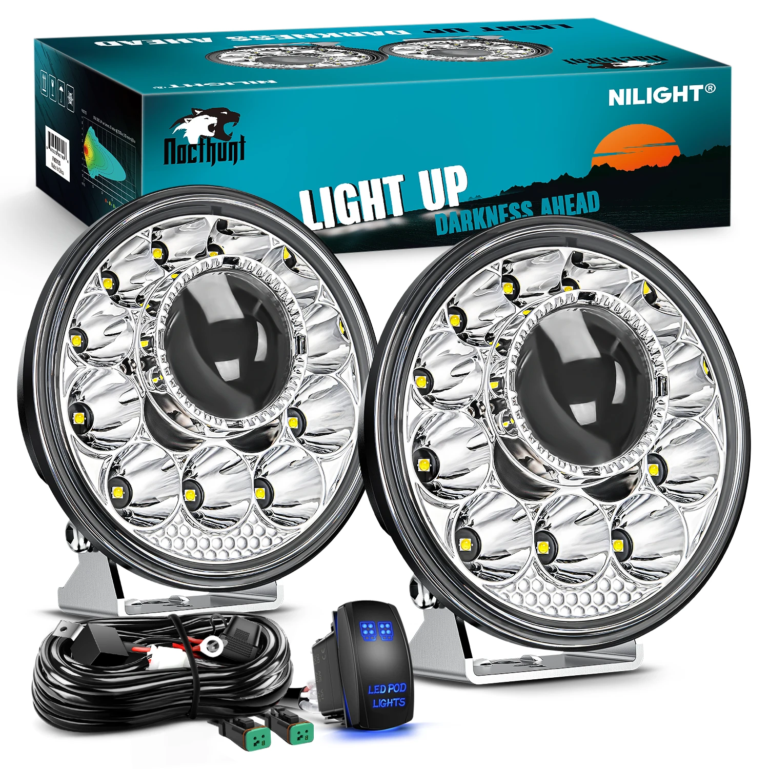 Nilight LED Light Pods 2 PCS 5.75 Inch 12LED Round Offroad Driving Lamps Night vision Super Bright Spotlights w/16AWG Rocker Switch Wiring Harness Kit for Truck ATV UTV