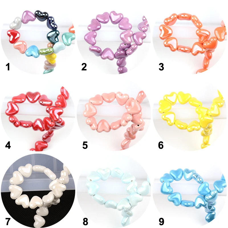 15mm Solid Color Cross Hole Love Heart Shape Ceramic Beads Loose Spacer Beads For Jewelry Making DIY Necklace Bracelets Pendant