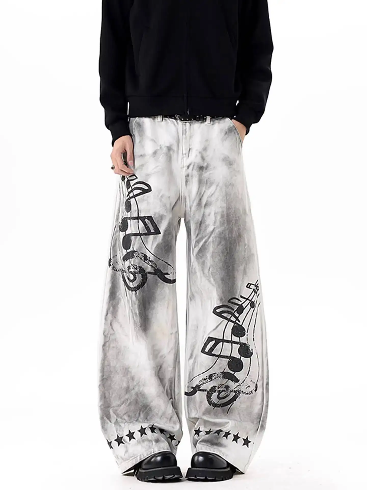 

Men Women Jeans 2026 Spring Vintage Distressed Dirty Dye Music Note Denim Pants Loose Wide Leg Trousers Unisex Jeans