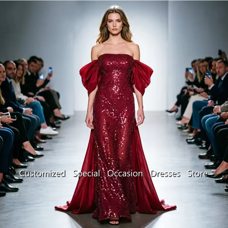 Generous Evening Gown Off Shoulder Mermaid Shinny Sequined Charming Formal Wedding Party Dresses Girl Prom Dress Customized