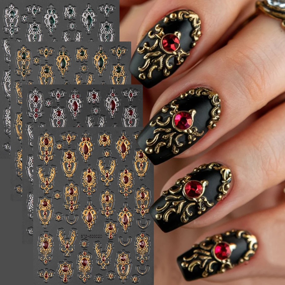 5D geprägte barocke Edelstein Nagelaufkleber Bronzing Bohemian Court Crystal Jewerly Nageldesign Vintage DIY Hochzeit Nageldekoration