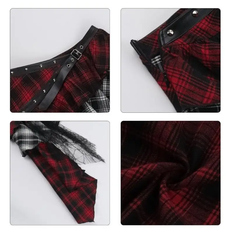 

652F Women Gothic Punk Irregular Plaids Mini Skirt Fashion Eyelets Belted High Waist Asymmetrical Short Skirt Streetwear