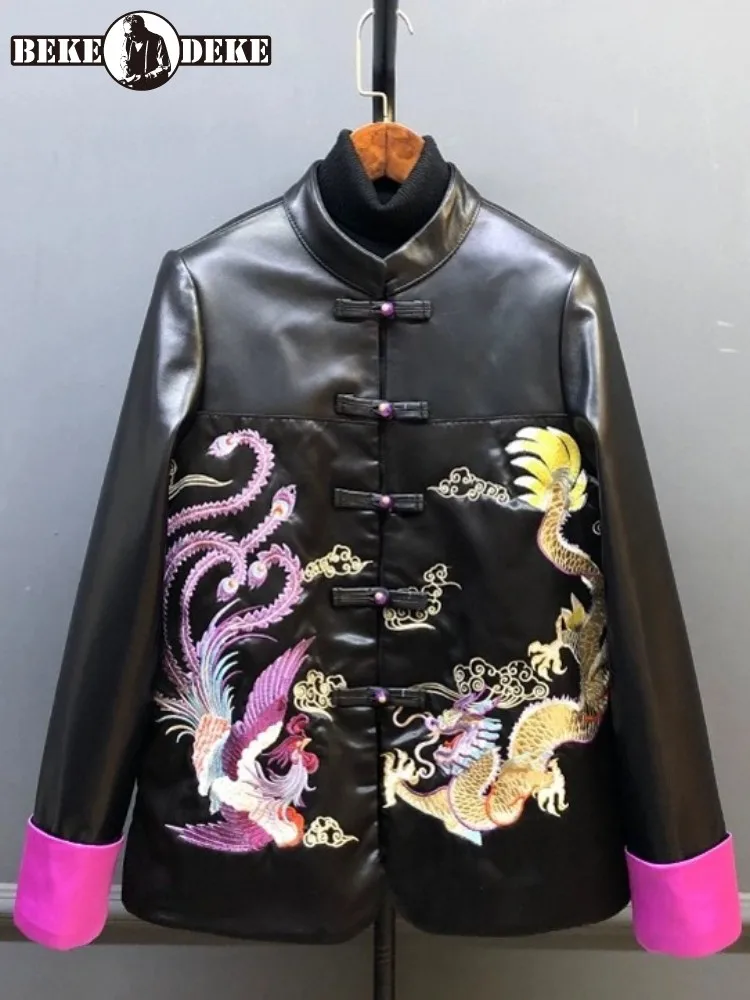 

Chinese Style Ladies Solid Color Long Sleeves Genuine Leather Jacket Slim Sheepskin Single Breasted Embroidery Retro Coats