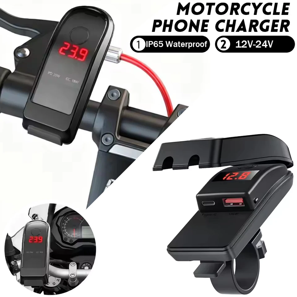 Motorcycle Handlebar 36W Usb PD QC3.0 Socket 12-24V with Switch Voltmeter Waterproof Power Adapter Atv Tricycle and Other Models