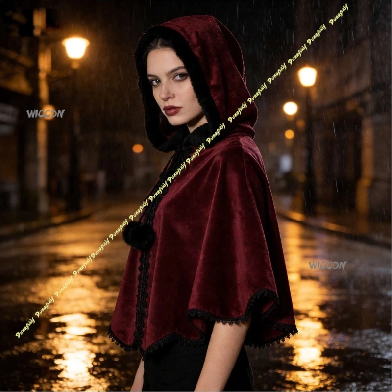 

Костюмы для косплея на Хэллоуин: винтажная накидка с меховой подкладкой и капюшоном, средневековый сценический наряд, красный женский костюм для вечеринок, зимний.