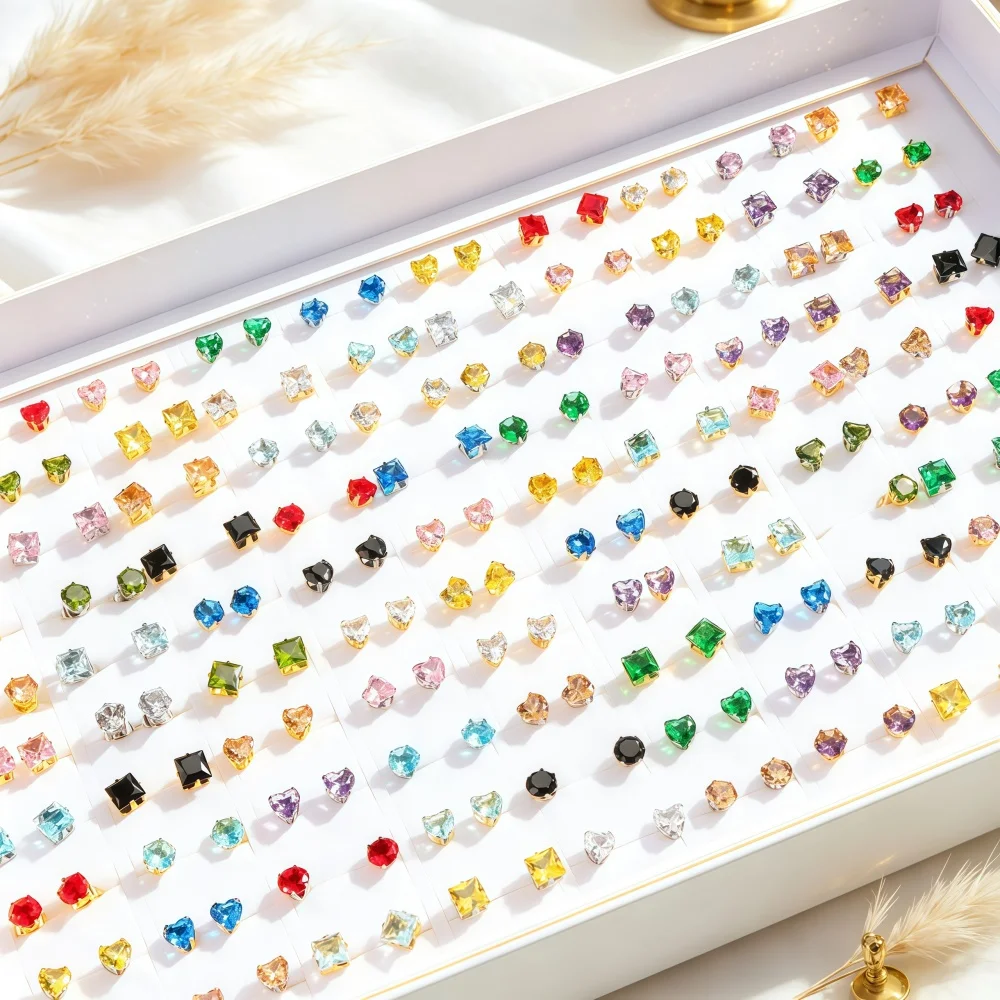 12/24/36Pairs Fashion Sparkly Rhinestone Stainless Steel Stud Earrings For Women Vibrant Mixed‑Color Mix Jewelry Daily Vacation