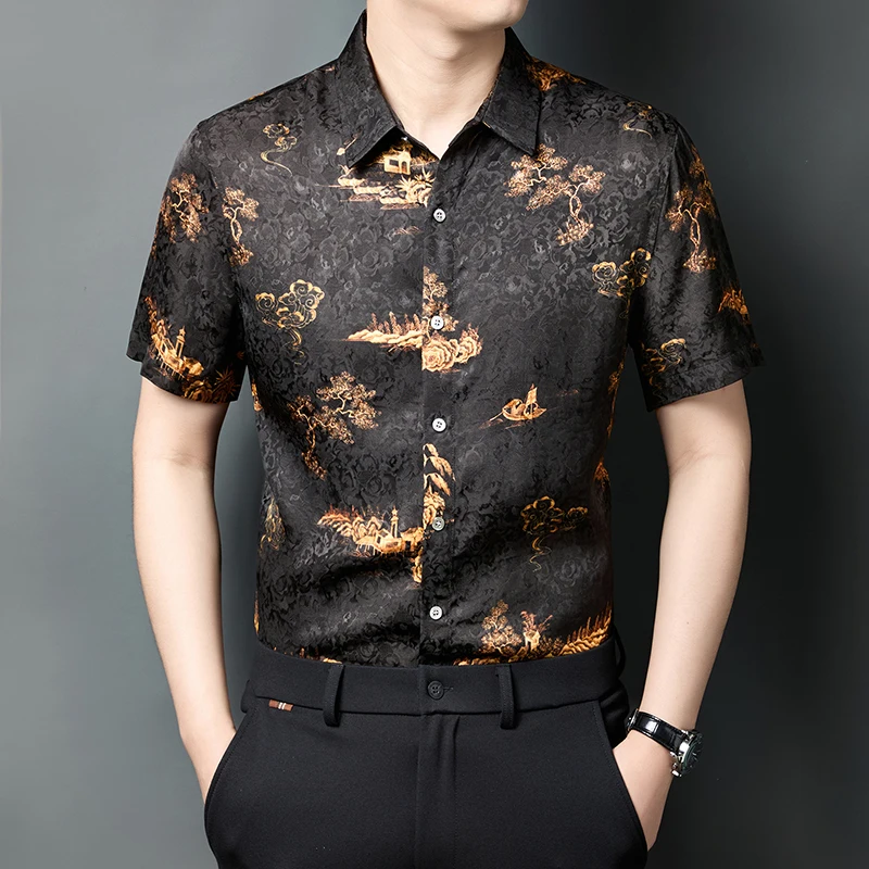 

HT8706 Skin-Friendly Silky Shirts For Men Short Sleeve Print Icy Summer Quality Comfortable Fit Casual Premium Camisas De Hombre