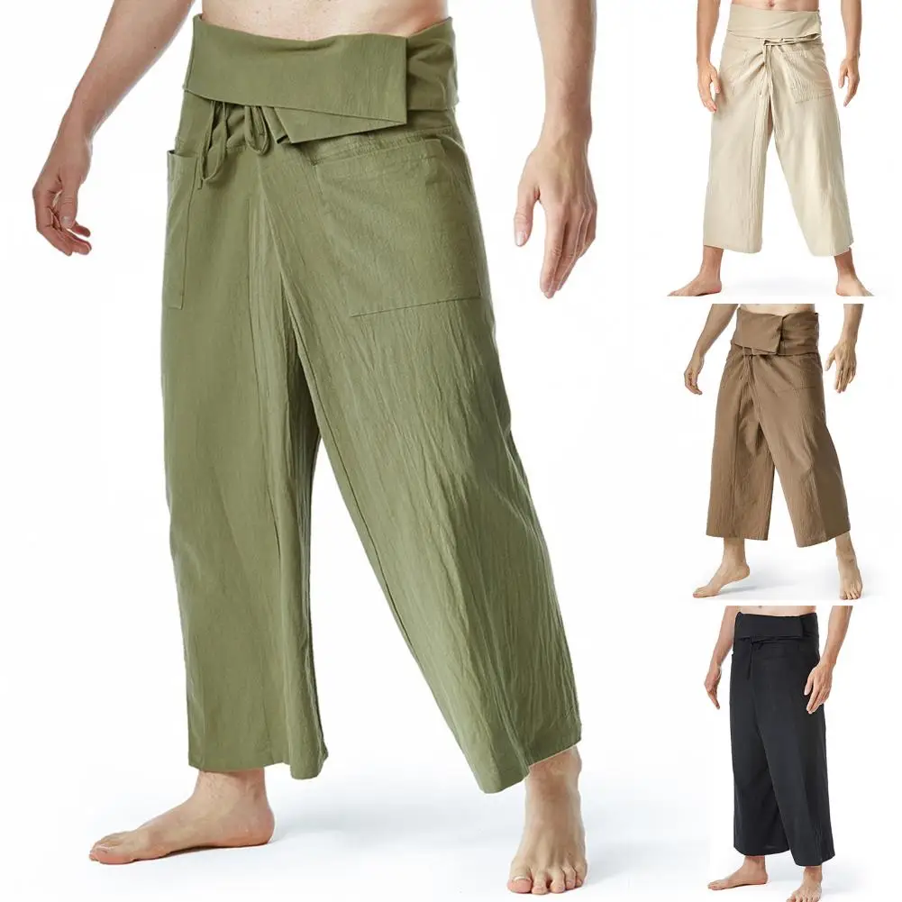 Thai Fisherman Pants Summer Solid Color Flax Drawstring Wide Legs Pockets Casual Loose Men Martial Arts Haren Trousers Male