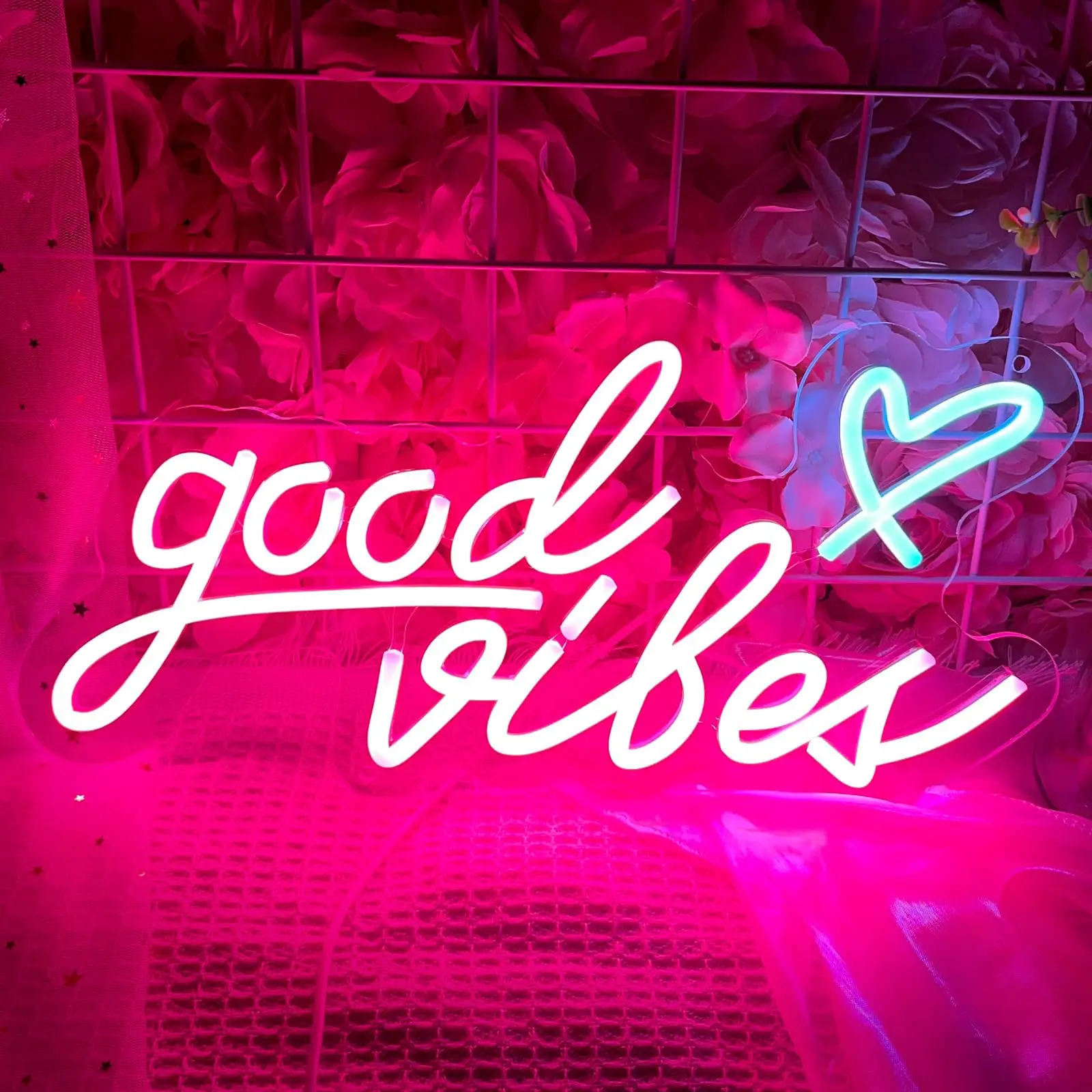 Good Vibes Neon Signs for Wall Decor, Pink Neon Lights Sign with Heart, LED Neon Light for Bedroom Dorm Girl Studio Party