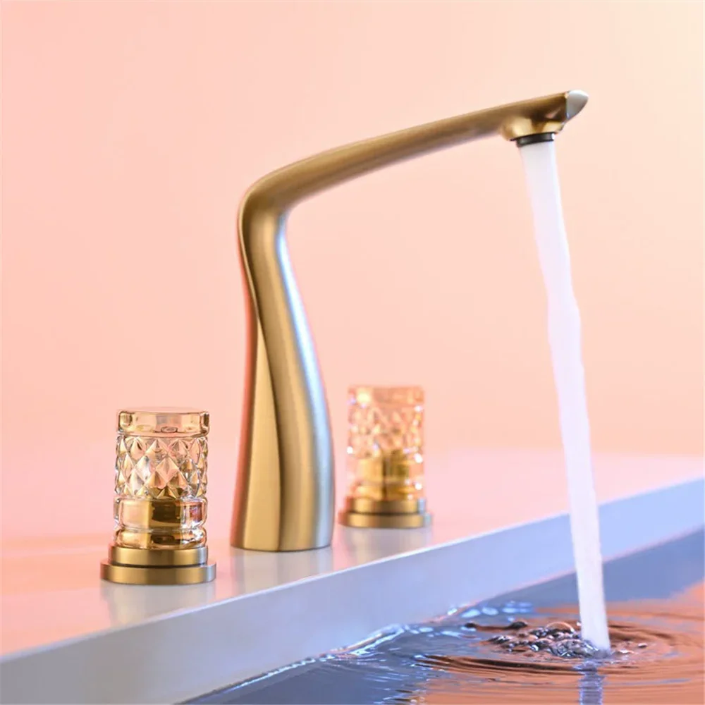 Brushed Gold Basin Faucet Widespread Rose Gold Sink Tap Brass Bathroom Sink Faucet 3 Hole Crystal Handle Hot Cold Water Tap