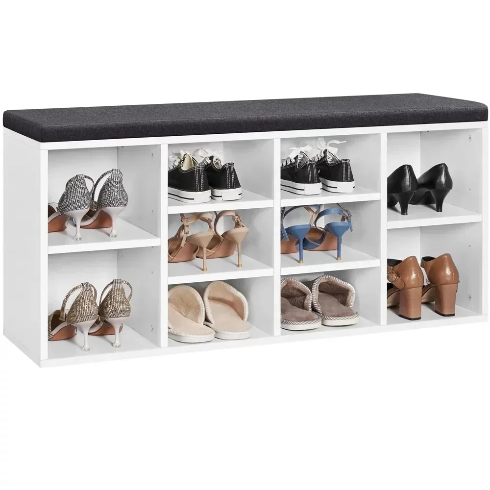 

10 Cubbies Shoe Storage Bench, Wood, Foam and Fabric, White s Cabinet Organiser Rack Space