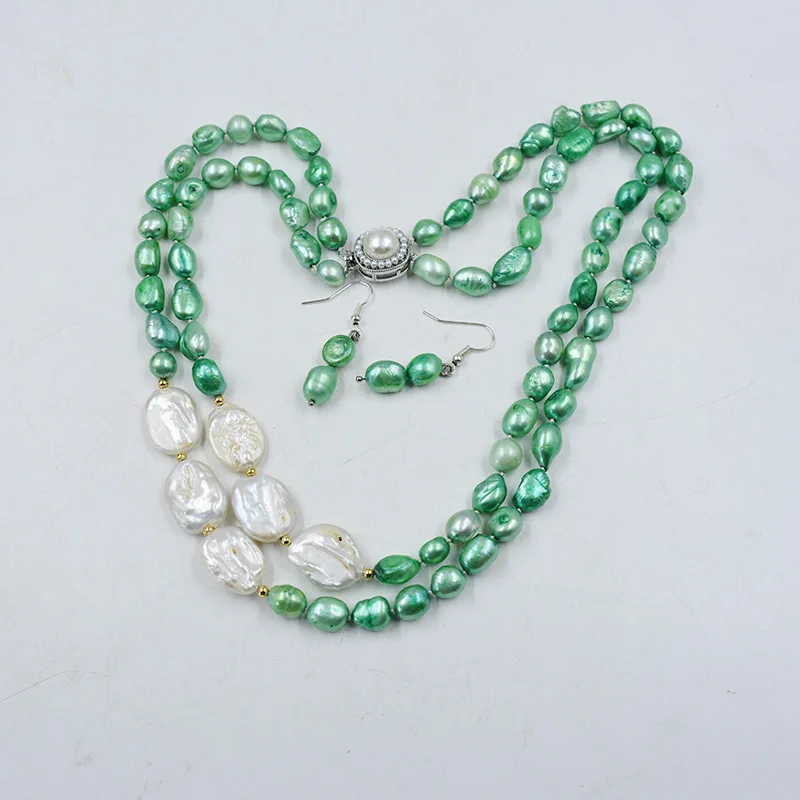 Perfect beautiful! 8MM 2 row natural baroque pearl necklace earrings suit. Ladies party classic jewelry
