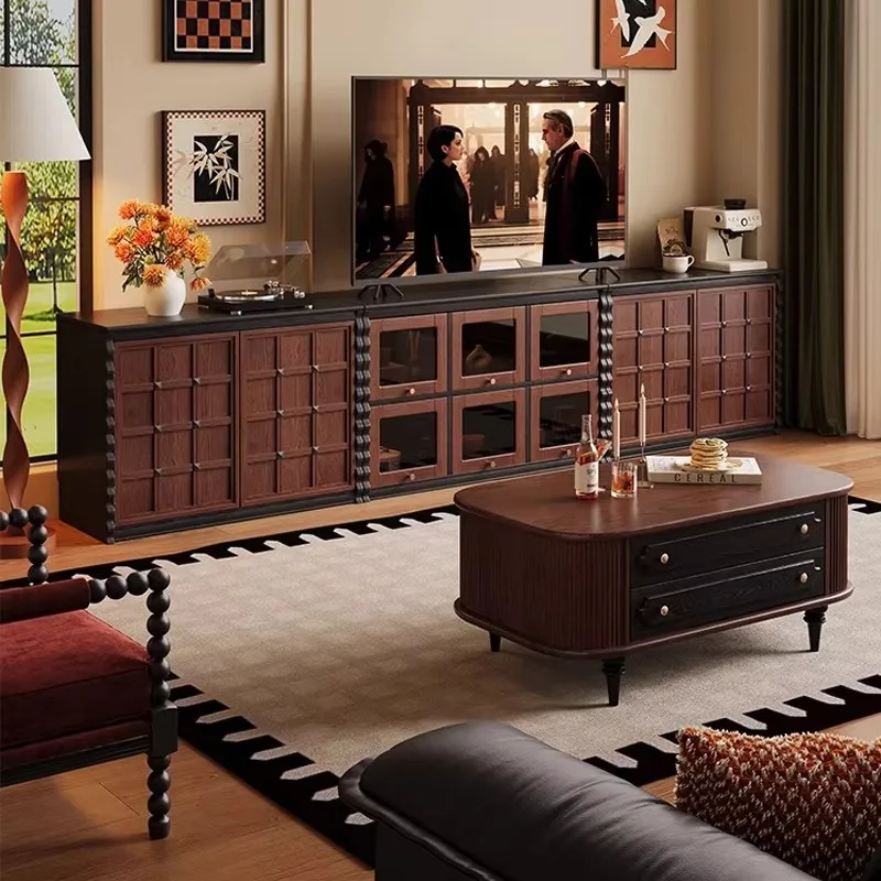 A139 French retro solid wood TV combination cabinet against the wall audio-visual cabinet large-capacity storage cabinet