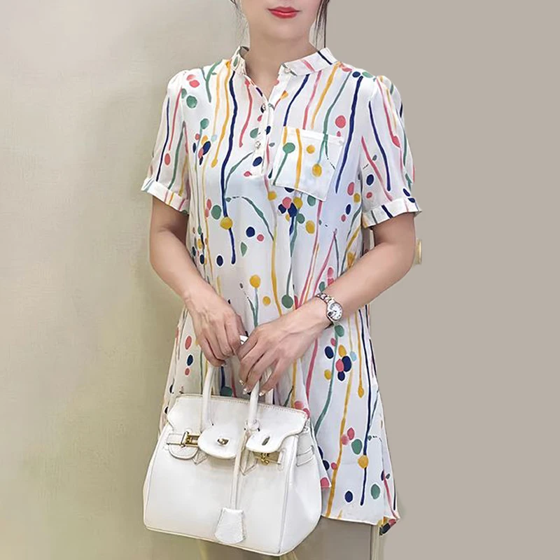2024 Summer Women Stylish Print Button Up Shirt Elegant Casual O Neck Short Sleeve Blouse Ladies Loose Tunic Tops Chiffon Blusas