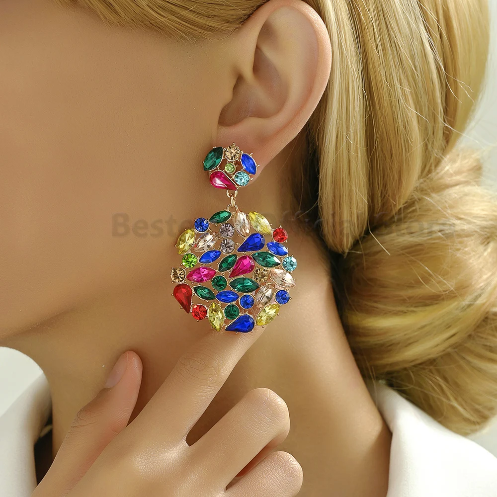 

Colorful Round Inlaid Shiny Rhinestone Luxury Earrings For Women Trendy Girl Party Popular Jewelry Boho Ear Accessories Pendant