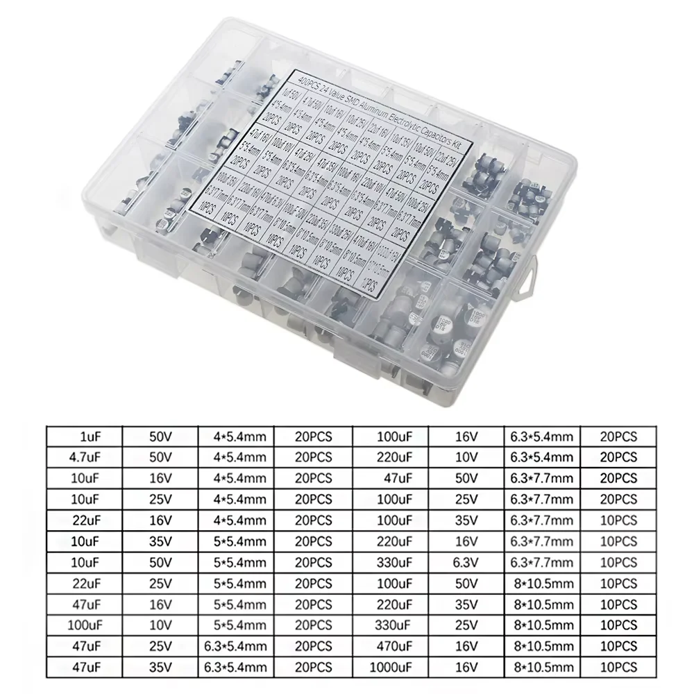 400個 24種類 SMDアルミ電解コンデンサキット 1μF - Capacitor Kit Assortment のレビューと価格