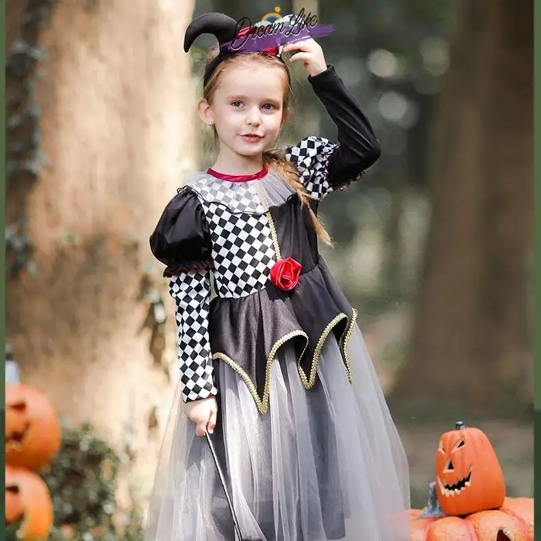 Children's loween Costume Clown Plaid Skirt Masquerade Par Outfit Performances Boys Girls Toddler Nursery Celebration Ta...
